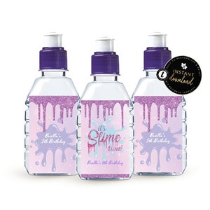 Glitter Slime Party Pop Top Water Bottle & Juice Labels, Mini Slime Water Bottle Labels, Slime Party Printable, Instant download Templett