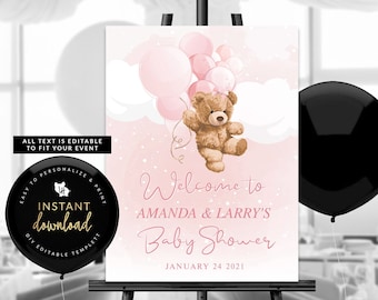Pink Teddy Bear Welcome Sign, Pink Teddy Bear Baby Shower Poster, Pink Teddy Bear Baby Shower Sign, Bearly Wait, Self Edit Digital Templett