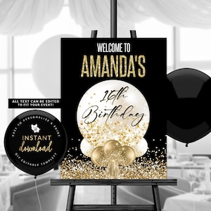 Birthday Welcome Sign, Balloon Welcome Sign, White and Gold Welcome, Balloon Welcome Poster, Instant Welcome Sign, Templett