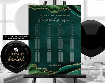 Emerald Green and Gold Agate Seating Chart, Emerald and Gold Seating Chart, Emerald Green Signage, Self Edit, Instant Digital Templett