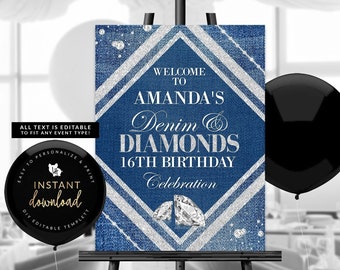 Denim and Diamonds Welcome Sign, Denim Birthday, Diamonds & Denim, Diamond Birthday Invitation, Editable Instant Digital Templett