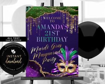 Mardi Gras Welcome Sign, Masquerade Ball Poster, Mardi Gras Birthday Poster, Masquerade Party, Editable Templett Sign, Templett Sign