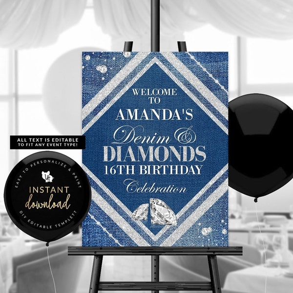 Denim and Diamonds Welcome Sign, Denim Birthday, Diamonds & Denim, Diamond Birthday Invitation, Editable Instant Digital Templett