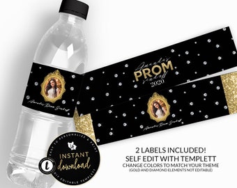 Gold Prom Water Bottle Label, Prom Send-off Water Bottle Label, Prom Party, Prom Printable Labels, Glam Prom Party, Instant download