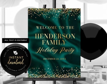 Emerald and Gold Welcome Sign, Green and Gold Welcome Poster, Emerald and Gold Signage, Holiday Welcome, Instant Self Edit Digital Templett