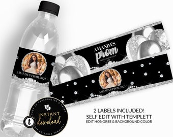 Prom Water Bottle Labels, Silver Prom Send-off Water Bottle Label, Prom Party, Prom Printable Labels, Glam Prom Party, Instant download