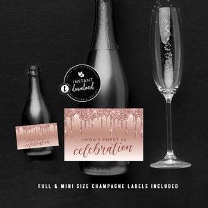 Rose Gold Champagne Bottle Label, Dripping Champagne Bottle Label, Full Size Champagne Label, Mini Champagne Label, Instant Digital Templett