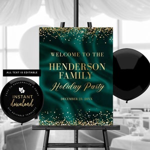 May include: A printable sign with a green and gold design. The sign says "Welcome to the Henderson Family Holiday Party, December 23, 20XX".