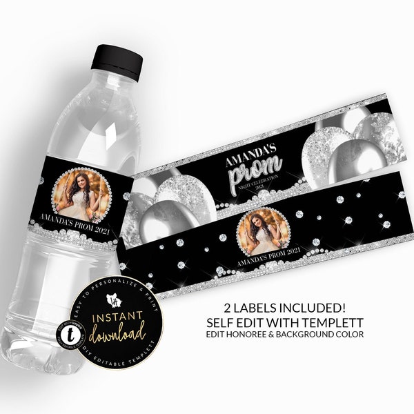 Prom Water Bottle Labels, Silver Prom Send-off Water Bottle Label, Prom Party, Prom Printable Labels, Glam Prom Party, Instant download