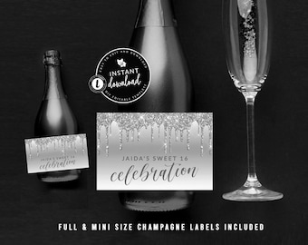 Silver Drip Champagne Bottle Label, Dripping Champagne Bottle Label, Full  and Mini Champagne Label, Editable Instant Digital Templett