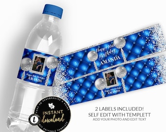Blue and Silver Water Bottle Labels, Photo Water Bottle Label, Birthday Water labels, Printable Water Labels, Instant download Templett