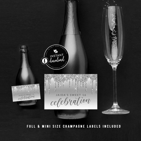 Silver Drip Champagne Bottle Label, Dripping Champagne Bottle Label, Full  and Mini Champagne Label, Editable Instant Digital Templett