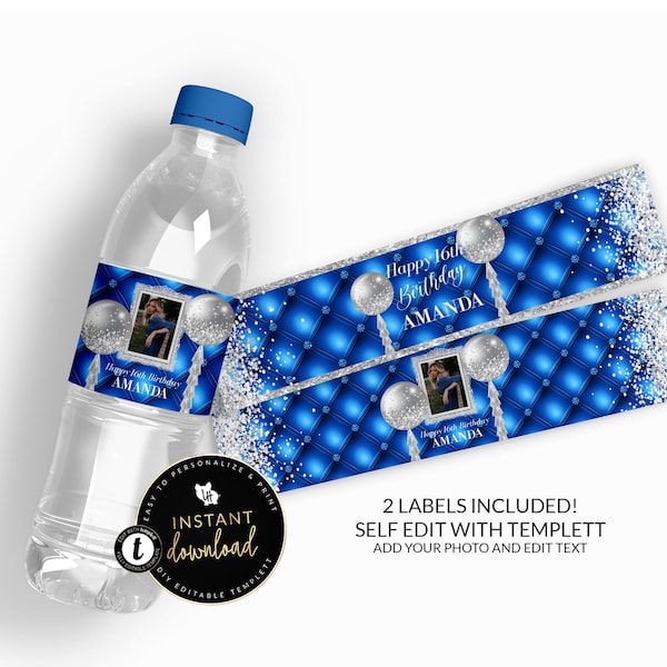 Blue and Silver Water Bottle Labels, Photo Water Bottle Label, Birthday Water labels, Printable Water Labels, Instant download Templett
