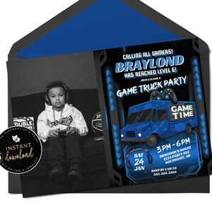 Blue Game Truck Invitation, Photo Gaming Truck Invite, Video Game Truck Invitation, Gamer Birthday Invitation, Digital Invitation, Templett