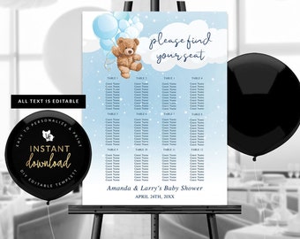 Blue Teddy Bear Baby Shower Seating Chart, Baby Seating Chart, Blue Teddy Bear Baby Shower, Instant Download, Self Edit Digital Templett