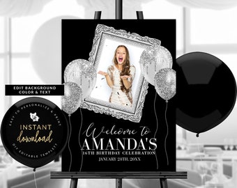 Black and Silver Photo Welcome Sign, Photo Frame Poster, Black and Silver Welcome Poster, Birthday Welcome, Editable Welcome Templett