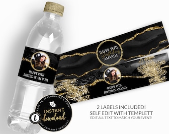 Black and Gold Water Bottle Labels, Black and Gold Agate Water Labels , Black and Gold Birthday, Water Label Self Edit Digital Templett