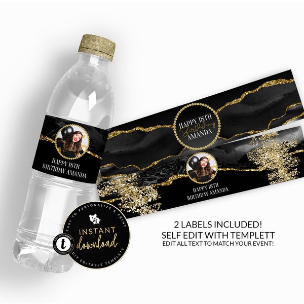 Black and Gold Water Bottle Labels, Black and Gold Agate Water Labels , Black and Gold Birthday, Water Label Self Edit Digital Templett