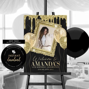 Letrero de bienvenida con foto en negro y dorado, póster dorado con gotas de agua, póster de bienvenida en negro y dorado, letrero de bienvenida de cumpleaños, plantilla de bienvenida editable