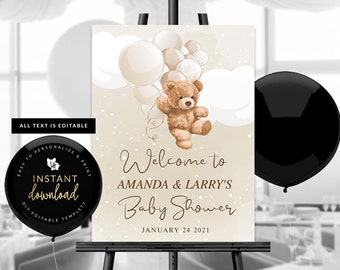 Teddy Bear Welcome Sign, Teddy Bear Baby Shower Poster, Teddy Bear Baby Shower Sign, We can bearly wait, Instant Self Edit Digital Templett