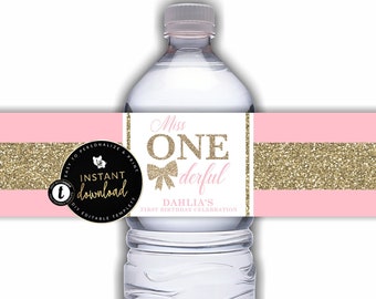 Miss Onederful Water Bottle Label, Gold Miss Onederful Label, First Birthday, First Birthday Water Bottle Label, Templett, Editable