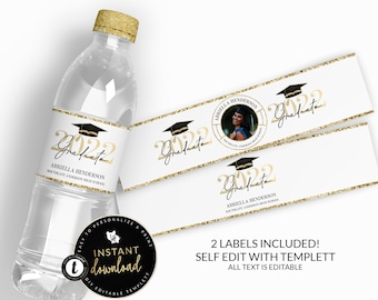 Gold Graduation Water Label, Grad Water Label, Printable Graduation Water Label, Grad Party, Editable Label, Instant Download, Templett