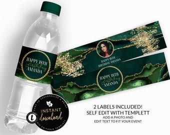 Emerald Green and Gold Water Bottle Labels, Green and Gold Agate Water Labels, Emerald Green Party, Water Label, Editable Digital Templett