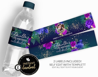 Peacock Water Label, Floral and Feather Water Labels, Peacock Printable Label, Peacock Event Favors, Peacock Birthday, Digital Templett