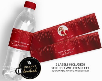 Dripping Red Water Bottle Labels, Red Water Bottle Label, Red Party, Red Printable Water Labels, Red Birthday, Instant download Templett