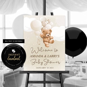 Teddy Bear Welcome Sign, Teddy Bear Baby Shower Poster, Teddy Bear Baby Shower Sign, We can bearly wait, Instant Self Edit Digital Templett