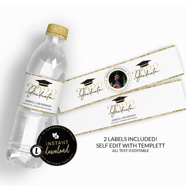 Gold Graduation Water Label, Grad Water Label, Printable Graduation Water Label, Grad Party, Editable Label, Instant Download, Templett