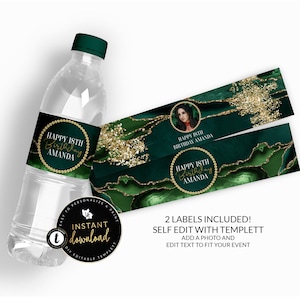 Emerald Green and Gold Water Bottle Labels, Green and Gold Agate Water Labels, Emerald Green Party, Water Label, Editable Digital Templett