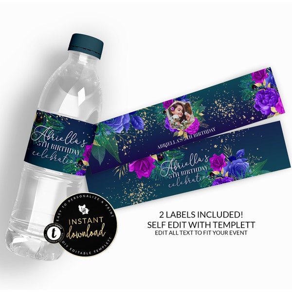 Peacock Water Label, Floral and Feather Water Labels, Peacock Printable Label, Peacock Event Favors, Peacock Birthday, Digital Templett