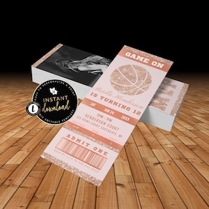 Mädchen Basketball Ticket Einladung, Rose Gold Basketball-Einladung, Glitter Basketball Ticket einladen, Mädchen Sport einladen, Instant Templett
