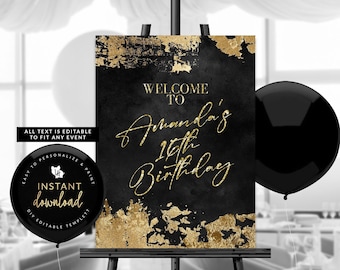 Editable Black and Gold Welcome Sign, Birthday Welcome Poster, Gold Welcome Sign, Welcome Poster Download, Templett Sign