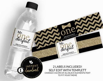 Mr Onederful Water Bottle Label, Gold Mr Onederful Label, First Birthday Printable, First Birthday Water Bottle Label, Templett, Editable