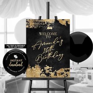 Editable Black and Gold Welcome Sign, Birthday Welcome Poster, Gold Welcome Sign, Welcome Poster Download, Templett Sign