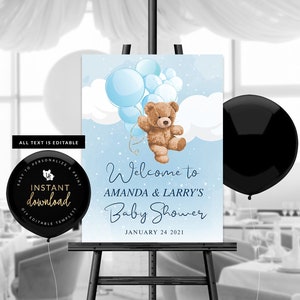 Blue Teddy Bear Welcome Sign, Blue Teddy Bear Baby Shower Poster, Blue Teddy Bear Baby Shower Sign, Bearly Wait, Self Edit Digital Templett