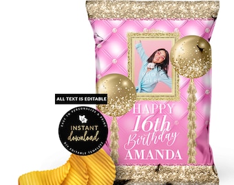 Bolsa de papas fritas rosa y dorada, bolsa de papas fritas con imagen, cumpleaños rosa y dorado, bolsa de papas fritas rosa, bolsa de papas fritas imprimible, plantilla digital instantánea