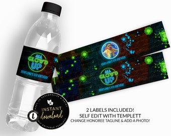 Glow Party Water Bottle Labels, All Glow'd Up Water Bottle Label, Glow Party Printable, Printable Water Labels, Instant download Templett