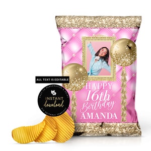 Pink and Gold Chip Bag, Chip Bag with Picture, Pink and Gold Birthday, Pink Chip Bag, Printable Chip Bag, Instant Digital Templett