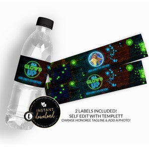 Glow Party Water Bottle Labels, All Glow&#39;d Up Water Bottle Label, Glow Party Printable, Printable Water Labels, Instant download Templett