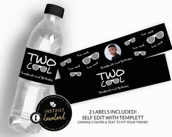 Two Cool Water Bottle Label, Two Cool Birthday, Two Cool Labels, 2nd Birthday Water Labels, Templett, Customizable Colors, Instant download