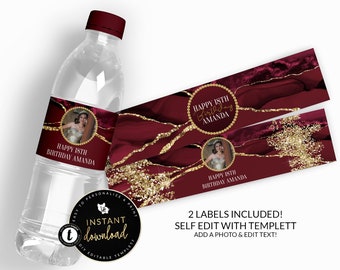 Burgundy and Gold Water Bottle Labels, Burgundy and Gold Agate Water Labels , Burgundy Birthday, Water Label Self Edit Digital Templett