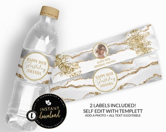 White and Gold Water Bottle Labels, White and Gold Agate Water Labels , White and Gold Birthday, Water Label Self Edit Digital Templett