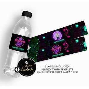 All Glow&#39;d Up Water Bottle Label, Glow Party Water Bottle Labels, Glow Party Printable, Printable Water Labels, Instant download Templett