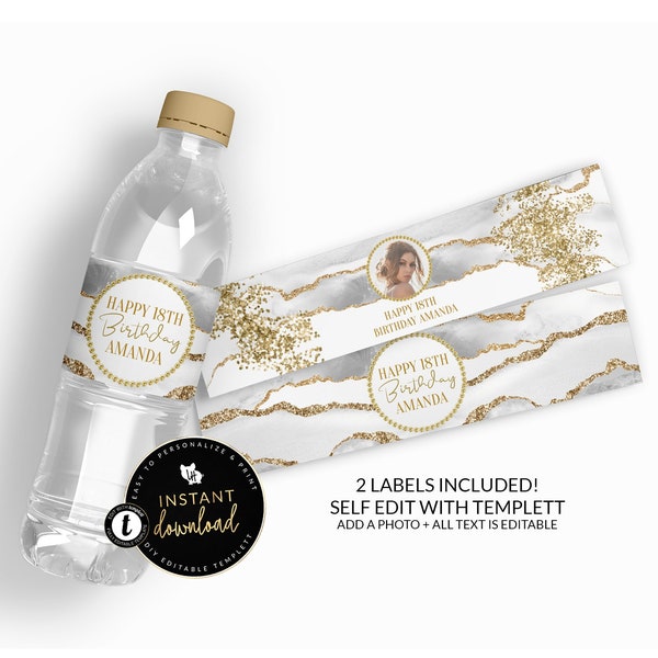 White and Gold Water Bottle Labels, White and Gold Agate Water Labels , White and Gold Birthday, Water Label Self Edit Digital Templett