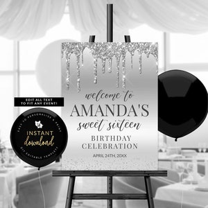 Dripping Silver Glitter Welcome Sign, Dripping Silver Poster, Glitter Drip Poster, Silver Birthday Sign, Silver Poster, Templett Poster