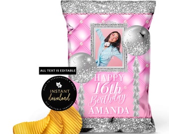 Bolsa de papas fritas rosa y plateada, bolsa de papas fritas con imagen, cumpleaños rosa y plateado, bolsa de papas fritas rosa, bolsa de papas fritas imprimible, plantilla digital instantánea
