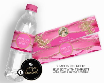 Pink and Gold Water Bottle Labels, Pink Agate Water Label, Pink and Gold Birthday, Pink Water Label, Pink Self Edit Digital Templett